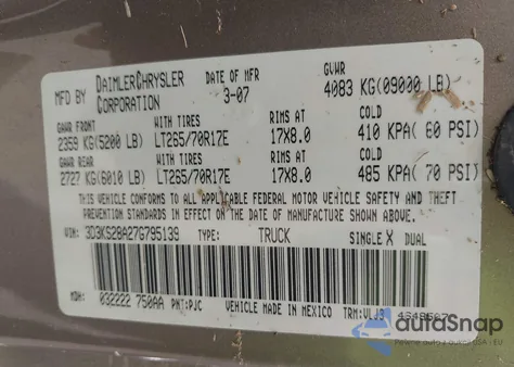 2007 Dodge Ram 2500 St/Slt from USA, damaged, VIN 3D3KS28A27G795139